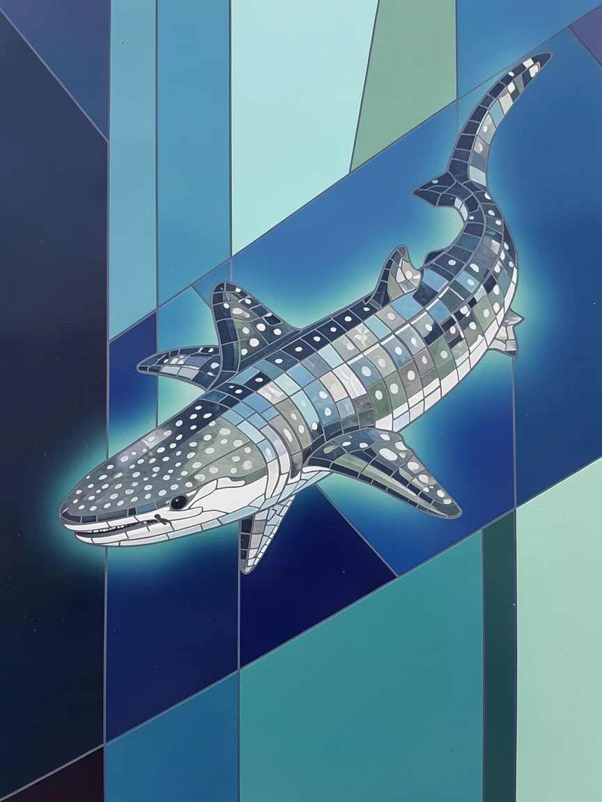 A dreamlike underwater view of a graceful whale shark gliding through deep blue open water, glowing with soft blue-green light.