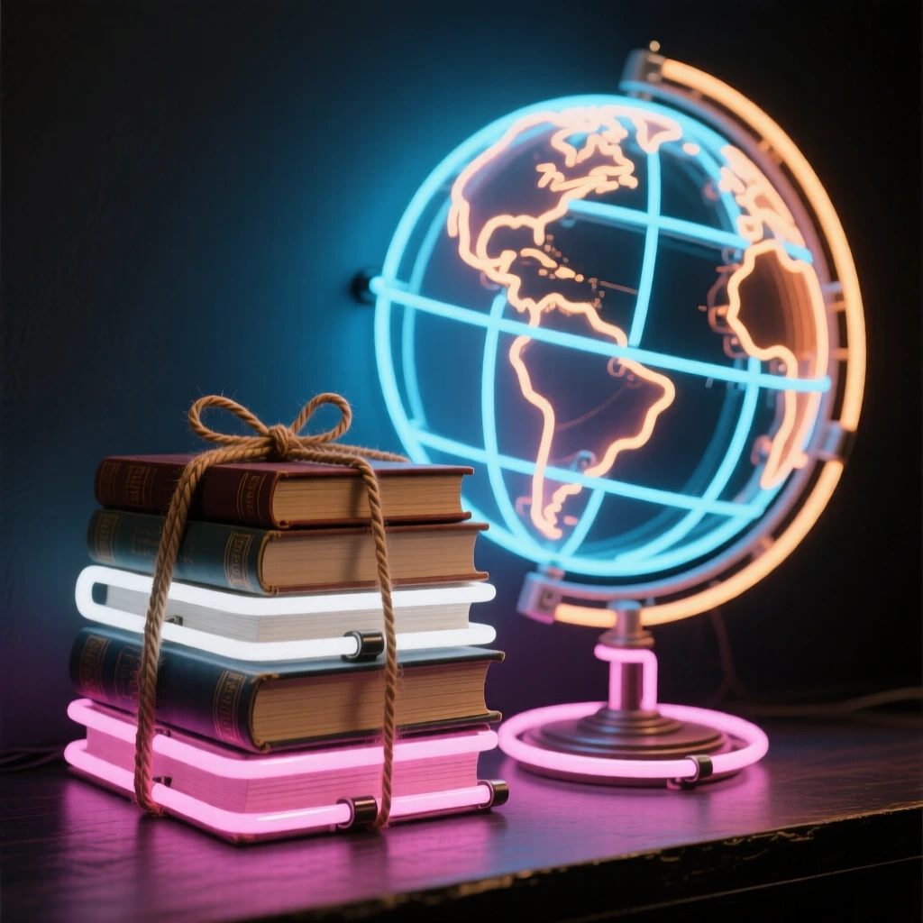 A stack of vintage books tied with twine beside a globe.