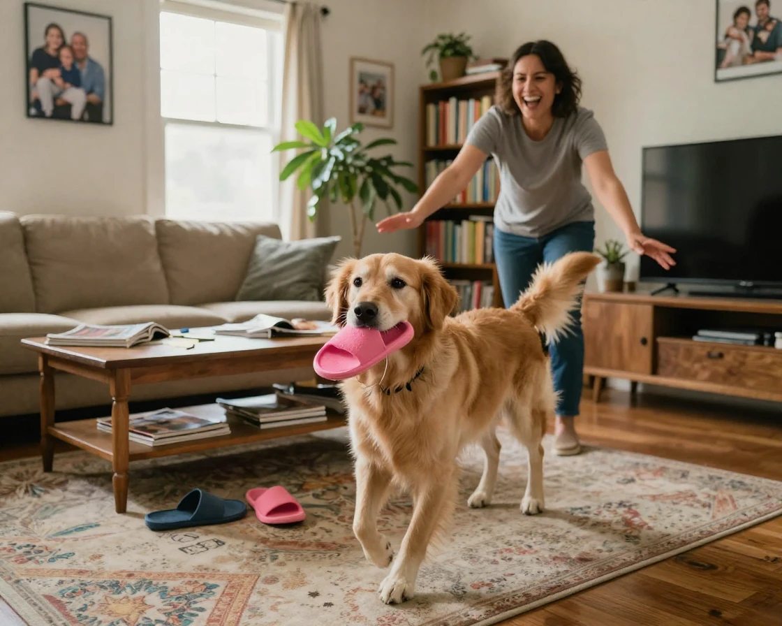 A dog steals a slipper and proudly parades it around the living room while its owner chases.