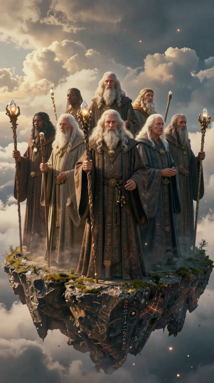A council of ancient wizards standing atop a floating island in the clouds