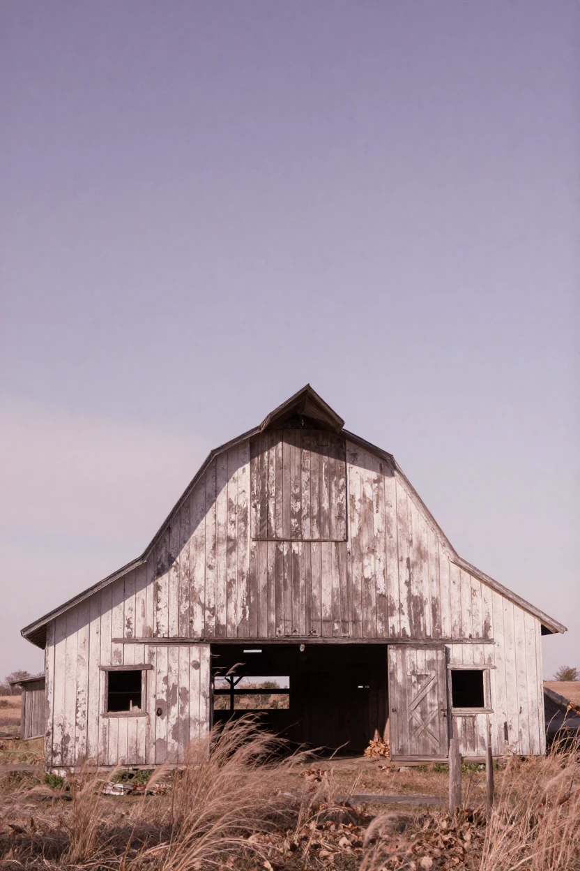 An old wooden barn with peeling paint under a wide open sky, under a pale winter sky, with a soft breeze stirring the air, in late autumn, in dusty lavender and rose tones, framed symmetrically down a long corridor.