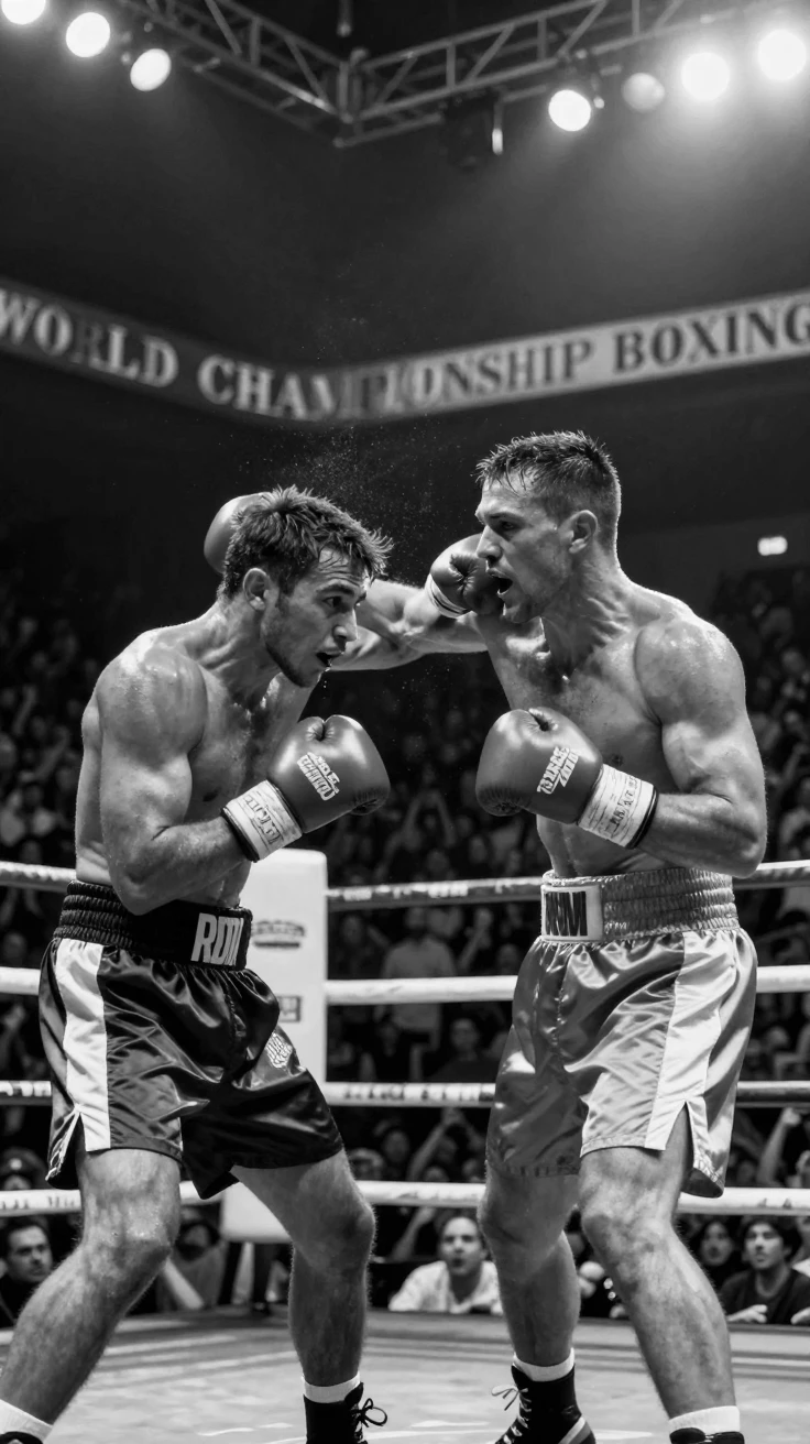 A boxer throws a decisive final punch inside a roaring boxing arena.