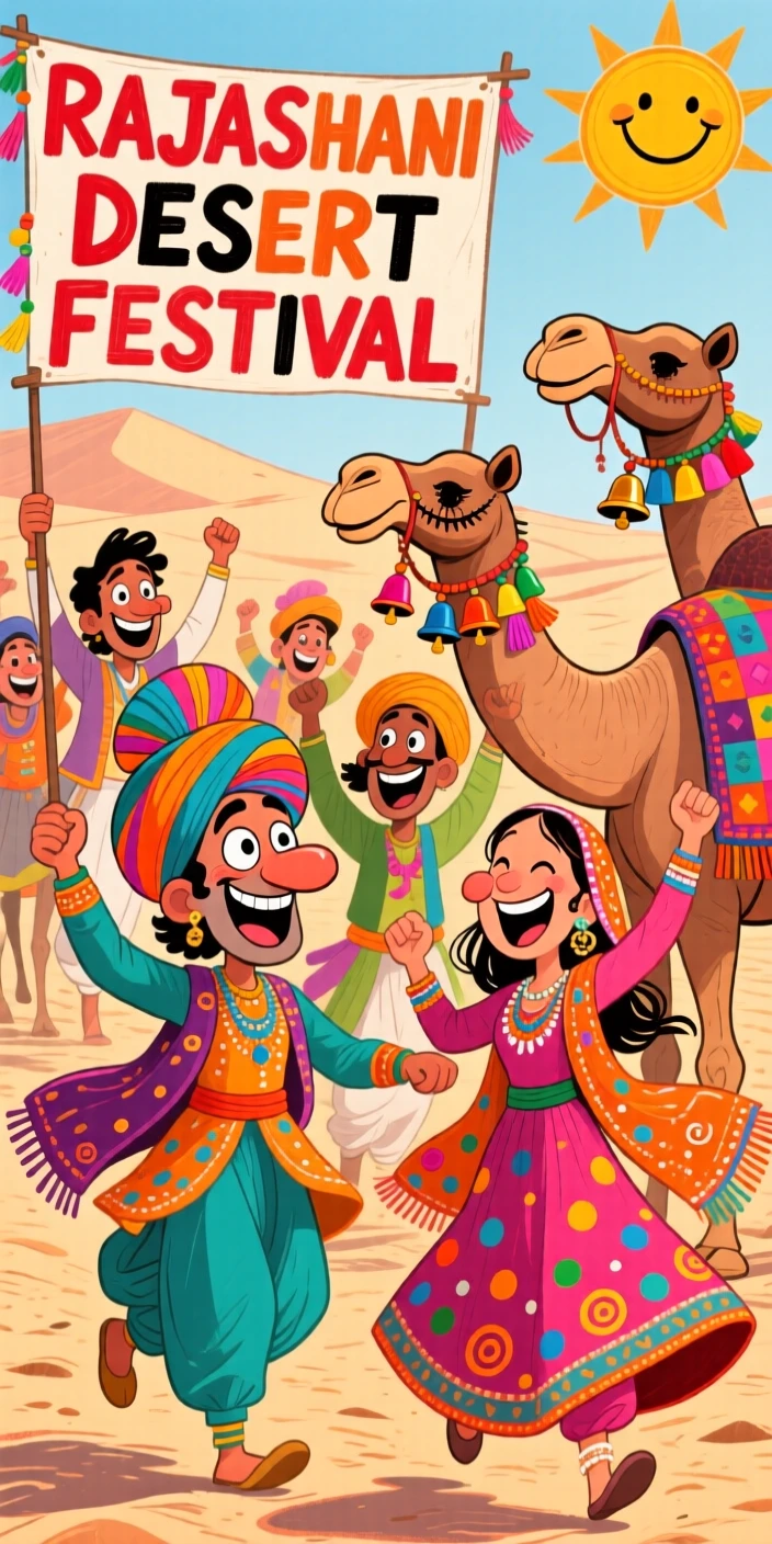 A group celebrating a colorful Rajasthani desert festival with camel processions.