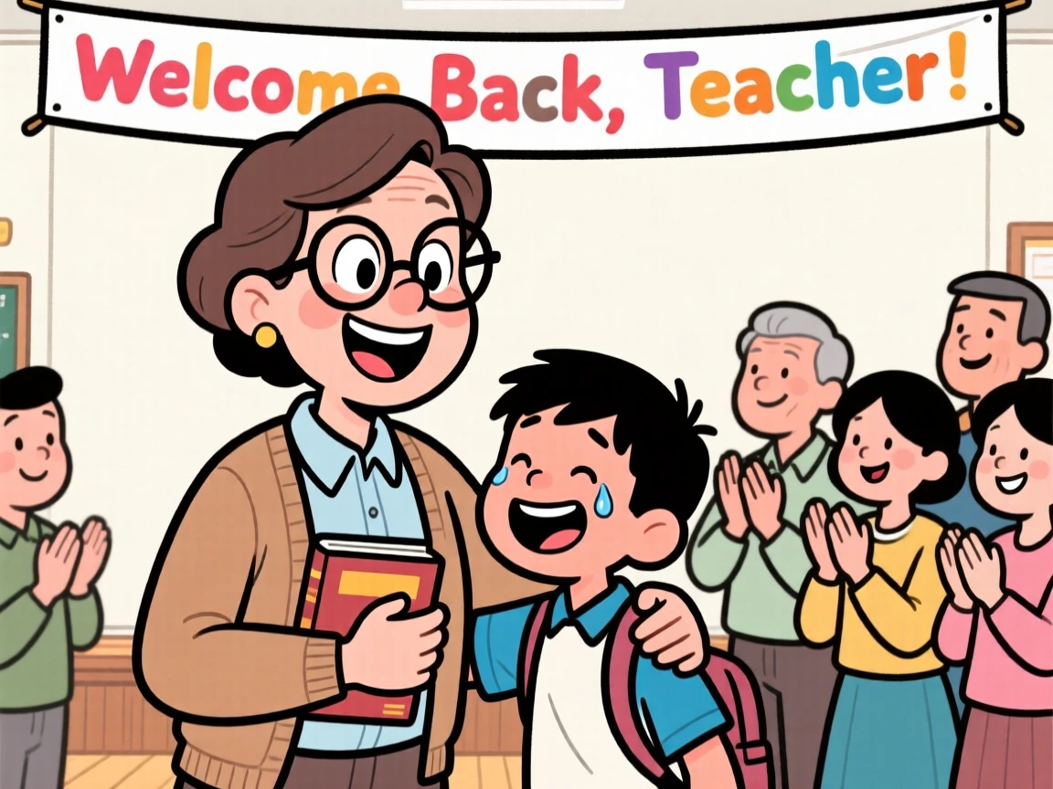 A heartwarming moment depicting a devoted teacher reuniting after years apart, surrounded by loved ones cheering quietly.