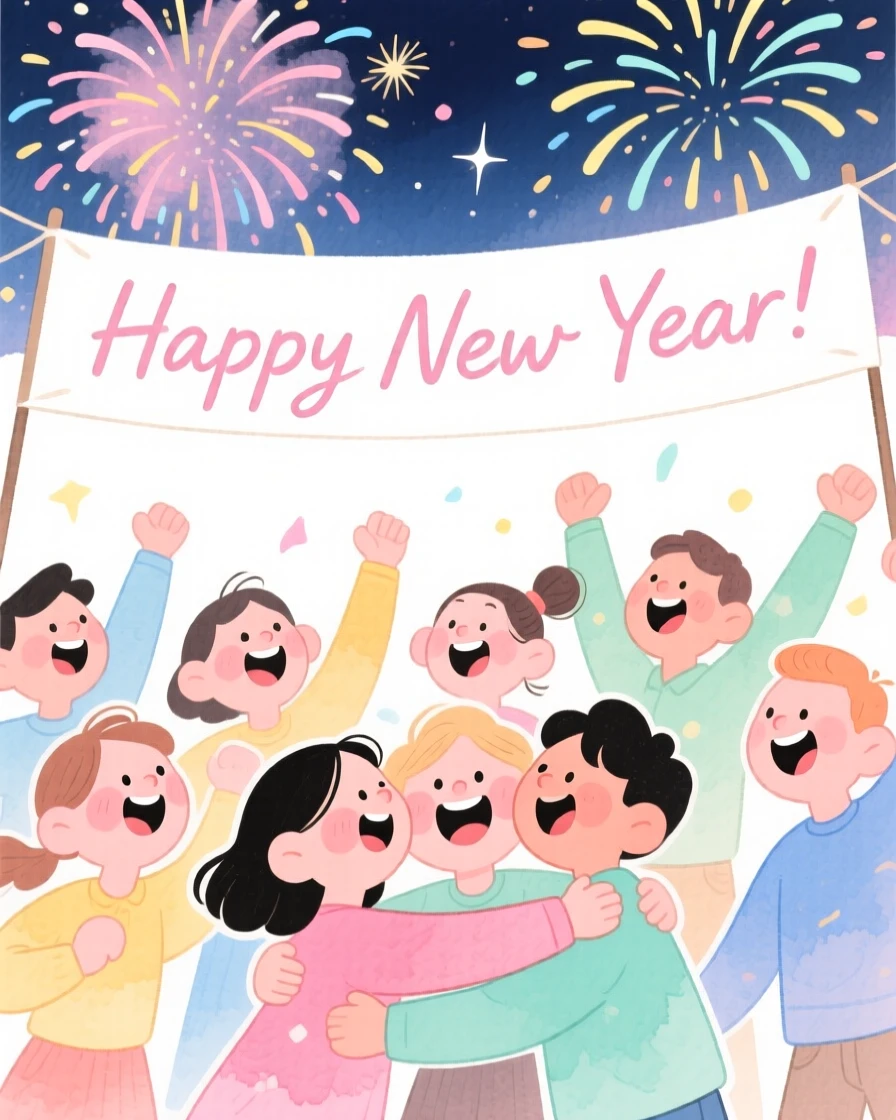 A joyful celebration scene of a New Year's Eve countdown with sparkling fireworks overhead, filled with warmth and laughter
