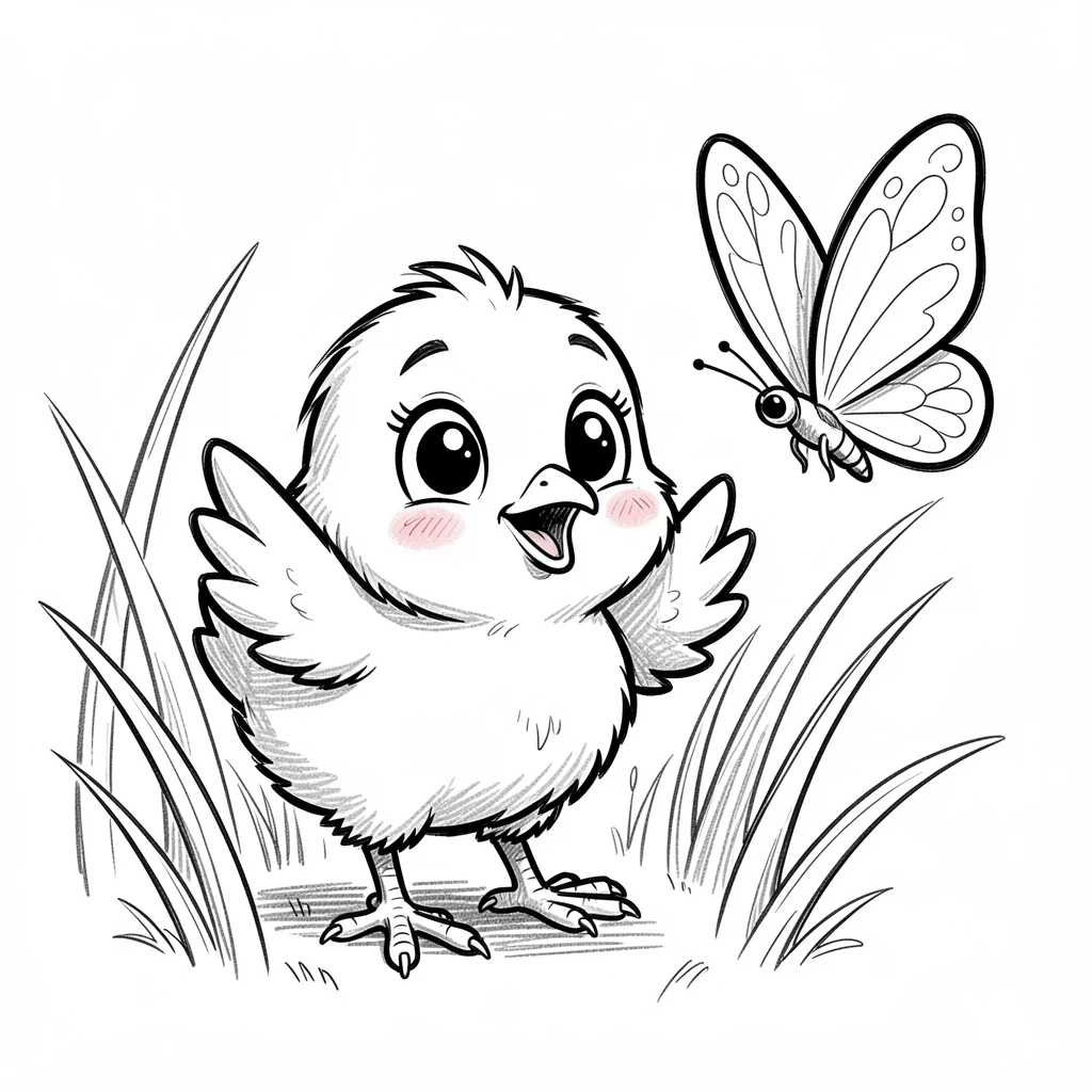 [Cute Animals & Pets] Adorable scene of a playful chick chasing a butterfly through grass, bursting with charm and playful energy