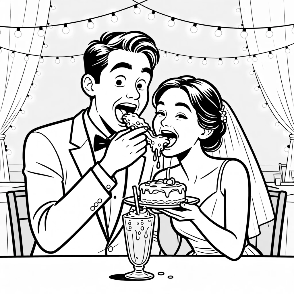 A couple feeding each other messy bites of cake, pulling ridiculous faces for the camera, set at a wedding reception decorated with fairy lights. The milkshake glass sweats condensation onto the table. The image glows with easy, unforced affection.