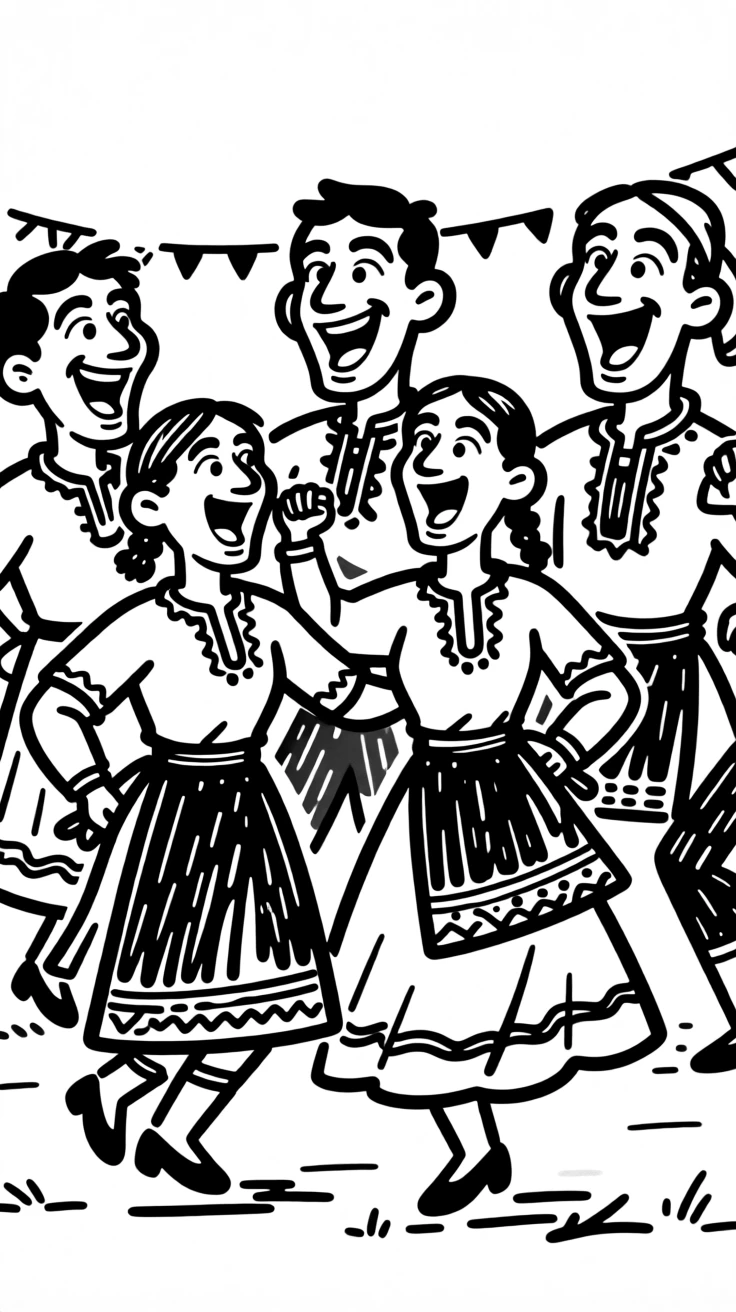 A traditional folk dance performance in colorful embroidered costumes at a village festival.