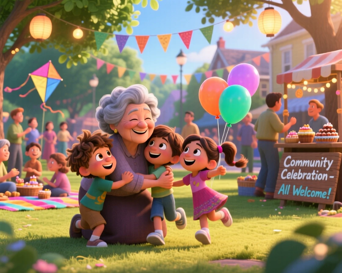 A grandmother reuniting with her grandchildren unfolds at a lively community celebration, with a gentle breeze rustling nearby leaves. A heartfelt sense of happiness fills the moment.