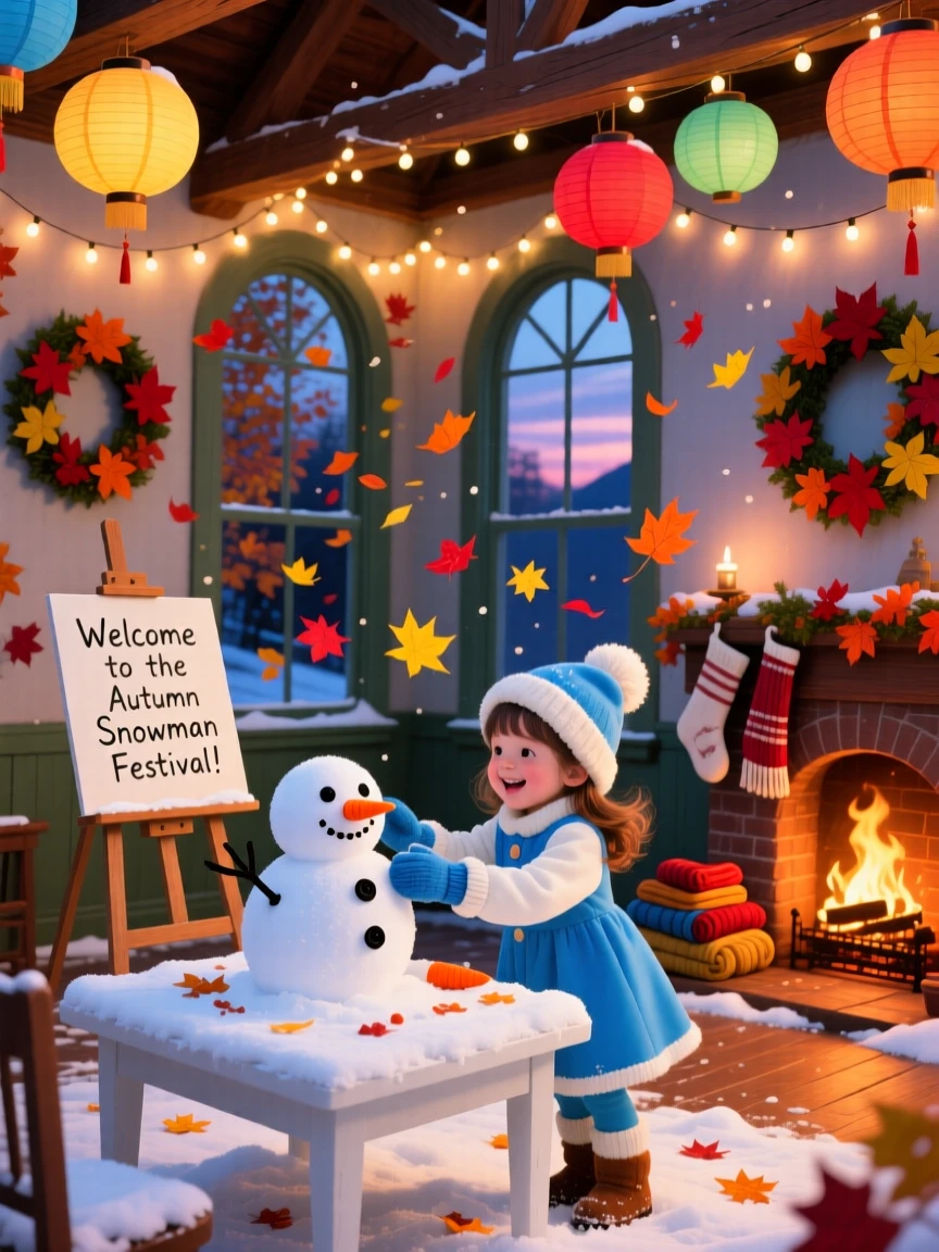 A little girl in a costume spend the evening building a snowman complete with a carrot nose in a decorated town hall, as colorful leaves swirl through the air.
