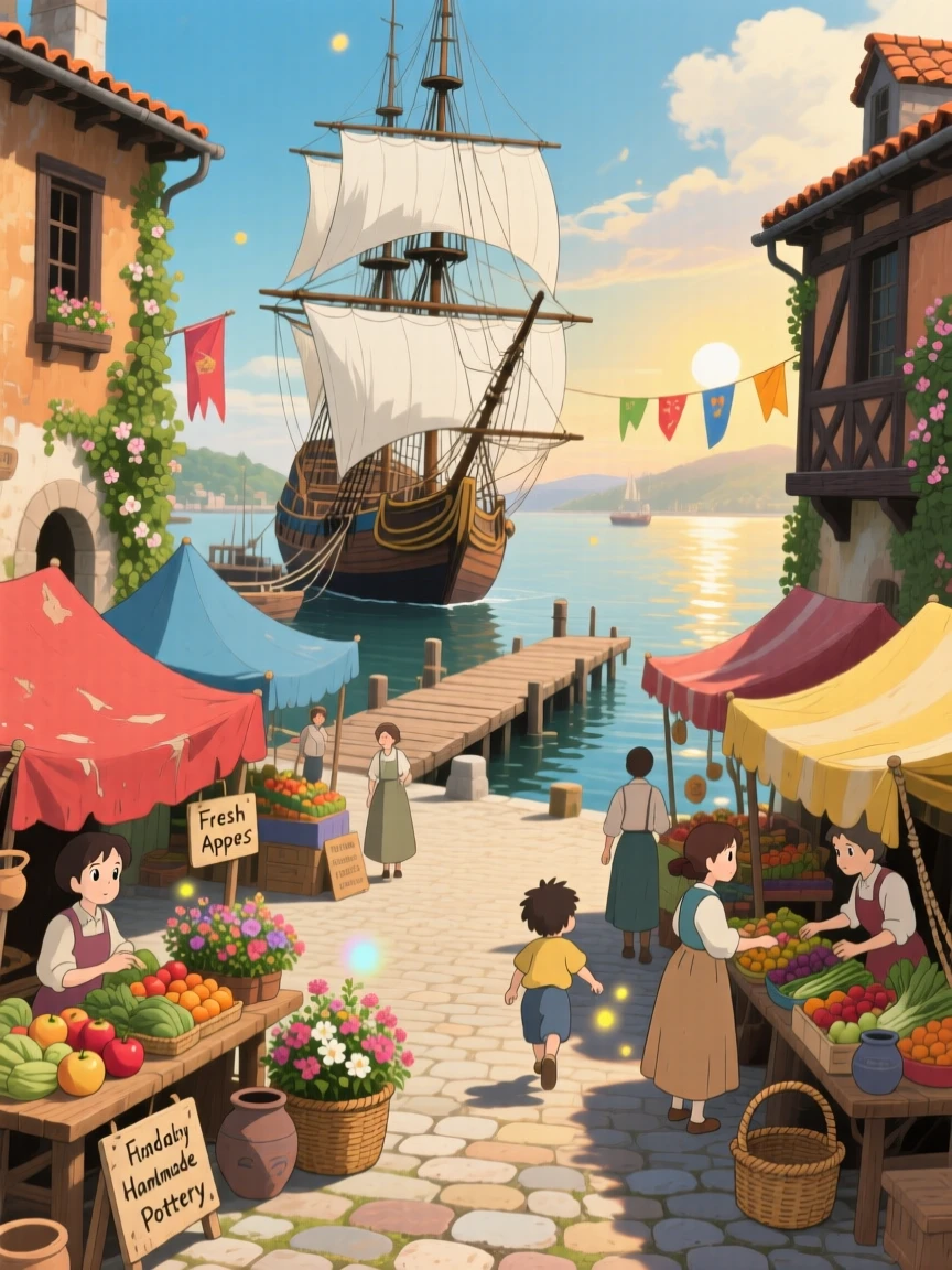 A scenic view of a historic harbor town with tall ships docked at the pier, as market stalls line the main square.