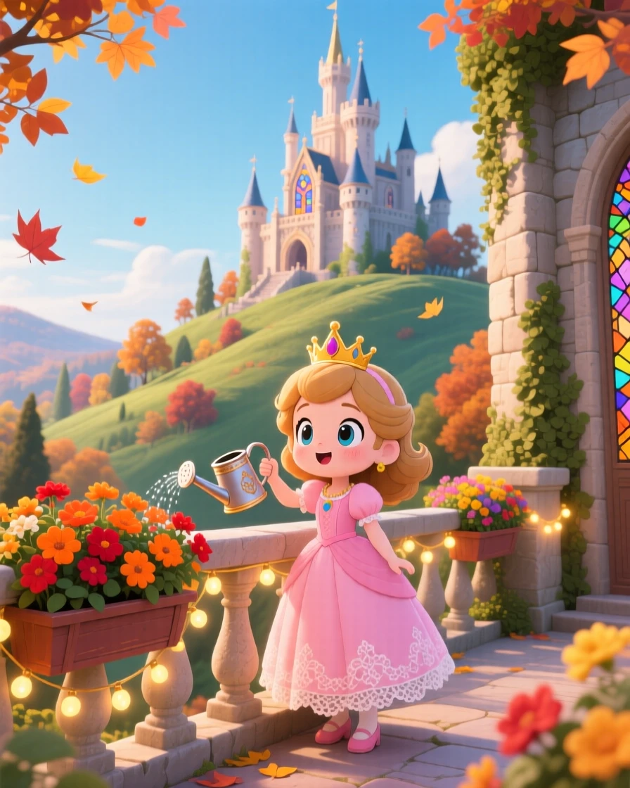 A young princess watering flower boxes on a castle balcony in a fairy-tale hilltop castle on a crisp autumn afternoon; warm fairy-light glow washes over the scene as gentle surprise fills the moment. Wide establishing shot.