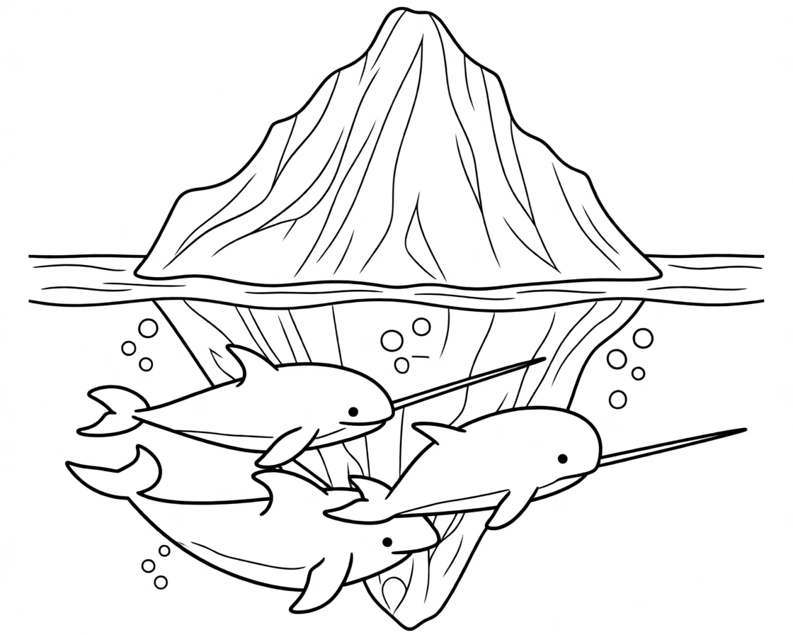 A group of narwhals swimming beneath an arctic iceberg