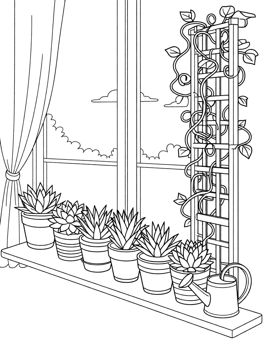 A windowsill lined with potted succulents, with vines curling around a nearby trellis.