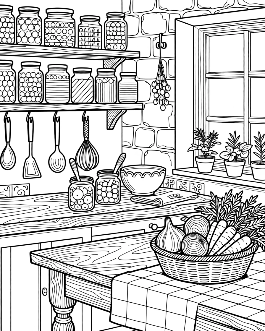 A cottage kitchen scene with jars of preserves lining open shelves.