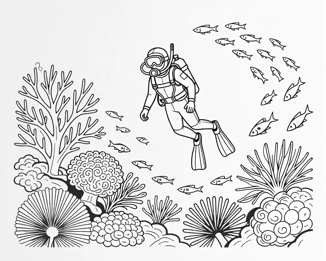 A scuba diver exploring a coral reef teeming with fish