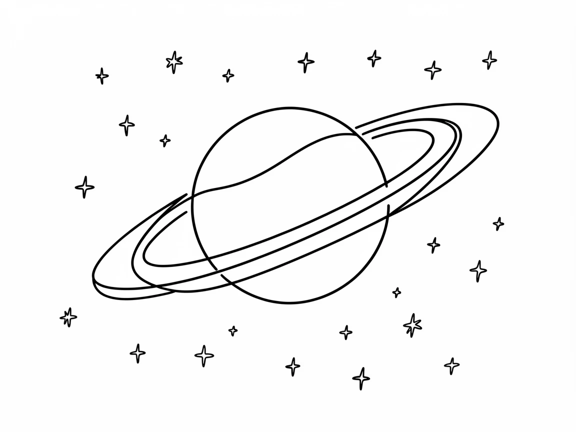 A ringed planet suspended in space surrounded by a field of distant stars