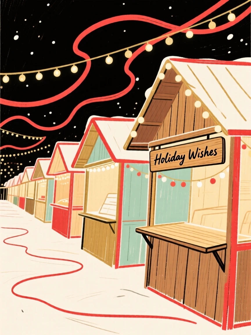 A Christmas market glowing with lights and wooden stalls at night.