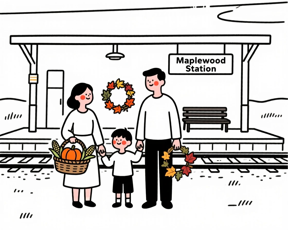 A family celebrating a harvest festival, at a rural train station.