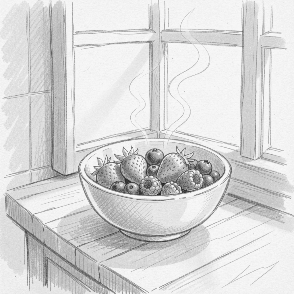 A bowl of ripe seasonal berries beside a sunlit kitchen window, with steam rising gently into the light.