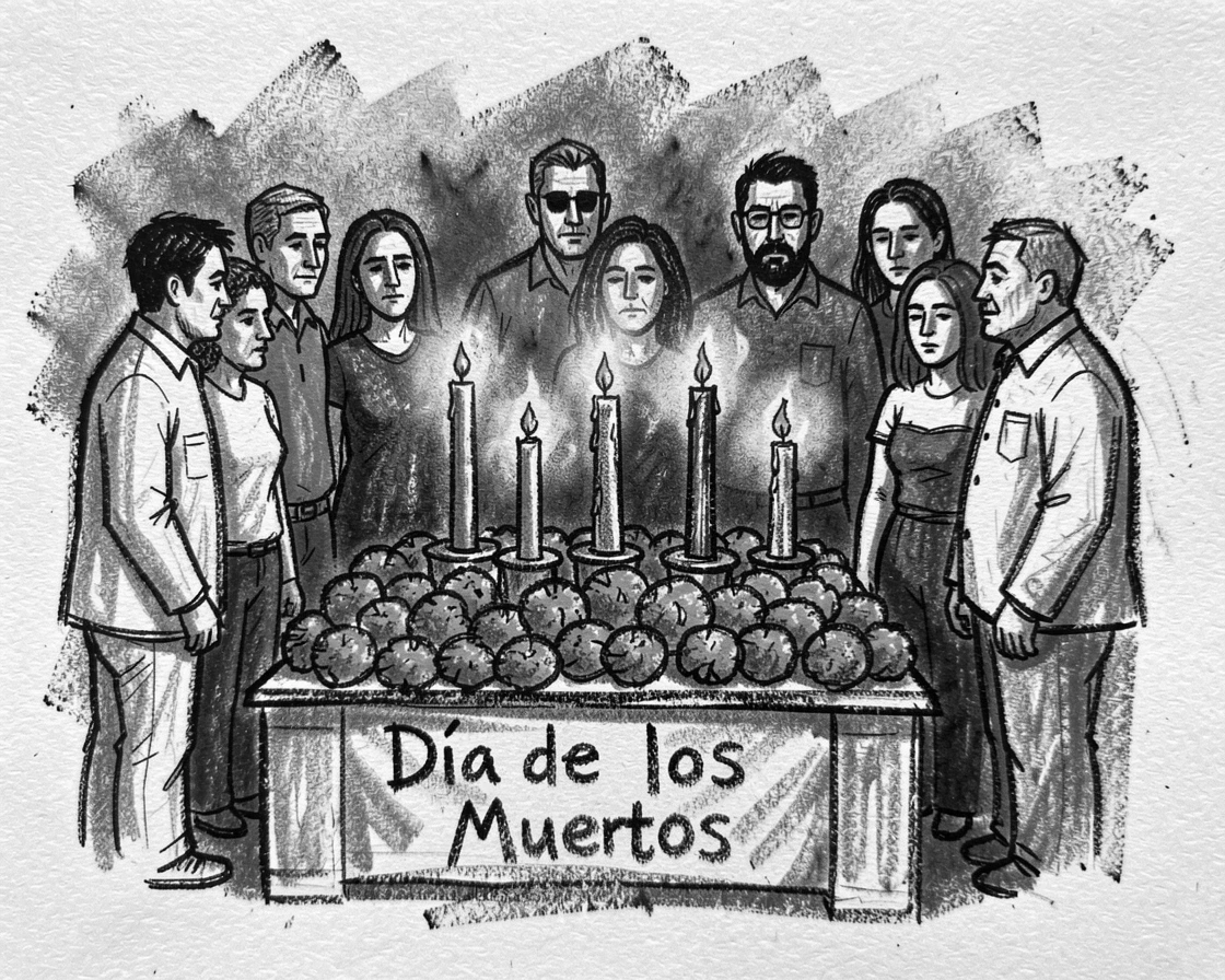 A Day of the Dead altar decorated with marigolds and candles, with everyone gathered close together.
