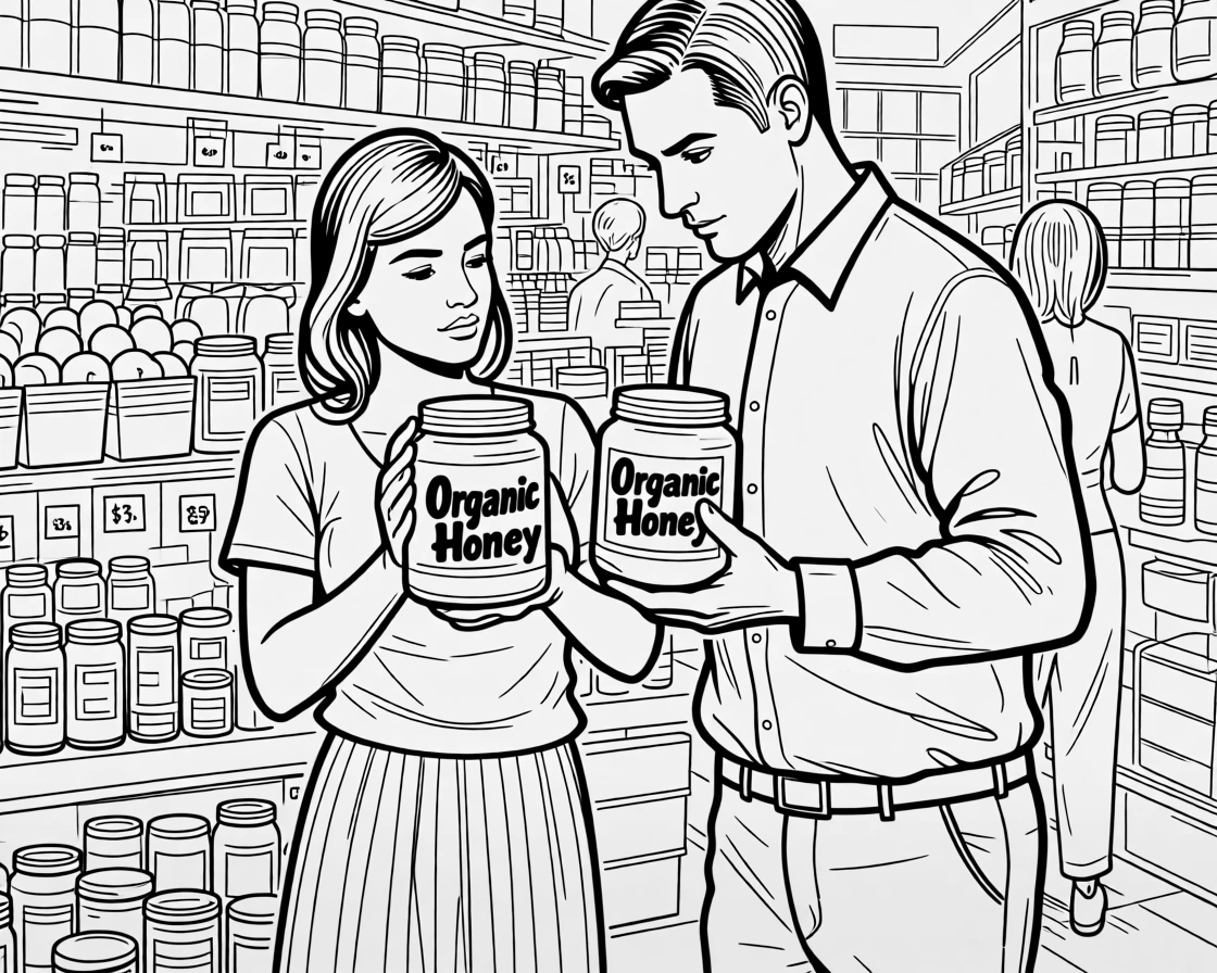 A couple grocery shopping together, comparing items in a crowded market aisle.