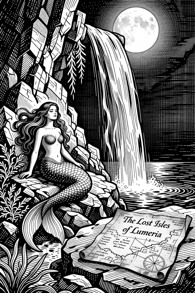 A mermaid resting on a moonlit reef beside a waterfall that flows upward, with an old map unfurled nearby, forming an awe-inspiring and magical fantasy scene.