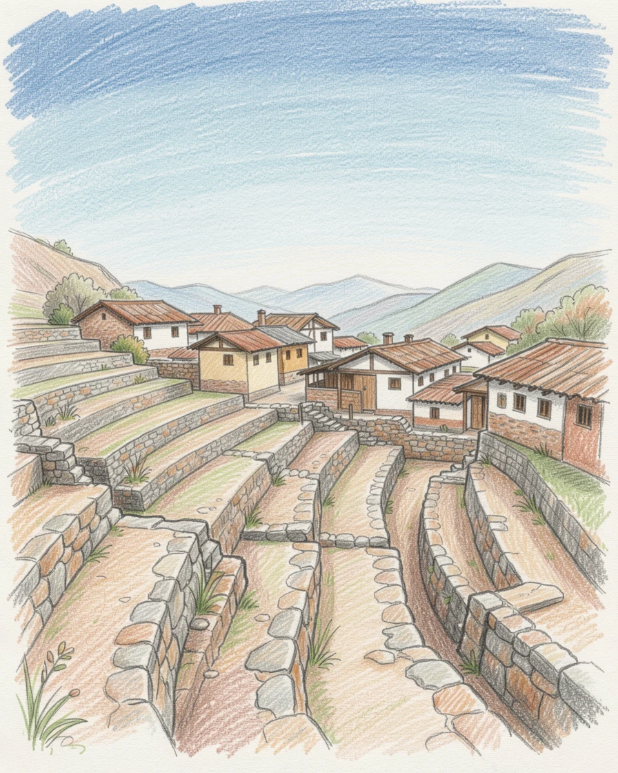 A Peruvian mountain village overlooking ancient stone terraces, with a gentle play of light and shadow across the composition, designed to feel inviting, memorable, and shareable.