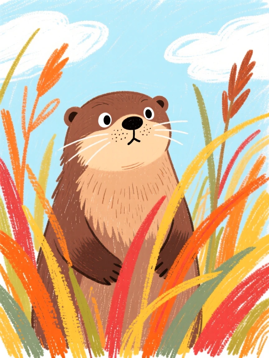 A mother otter watching curiously from behind tall autumn grass.