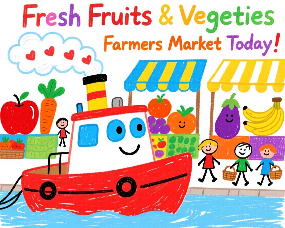 A small tugboat parked beside a colorful farmers market.