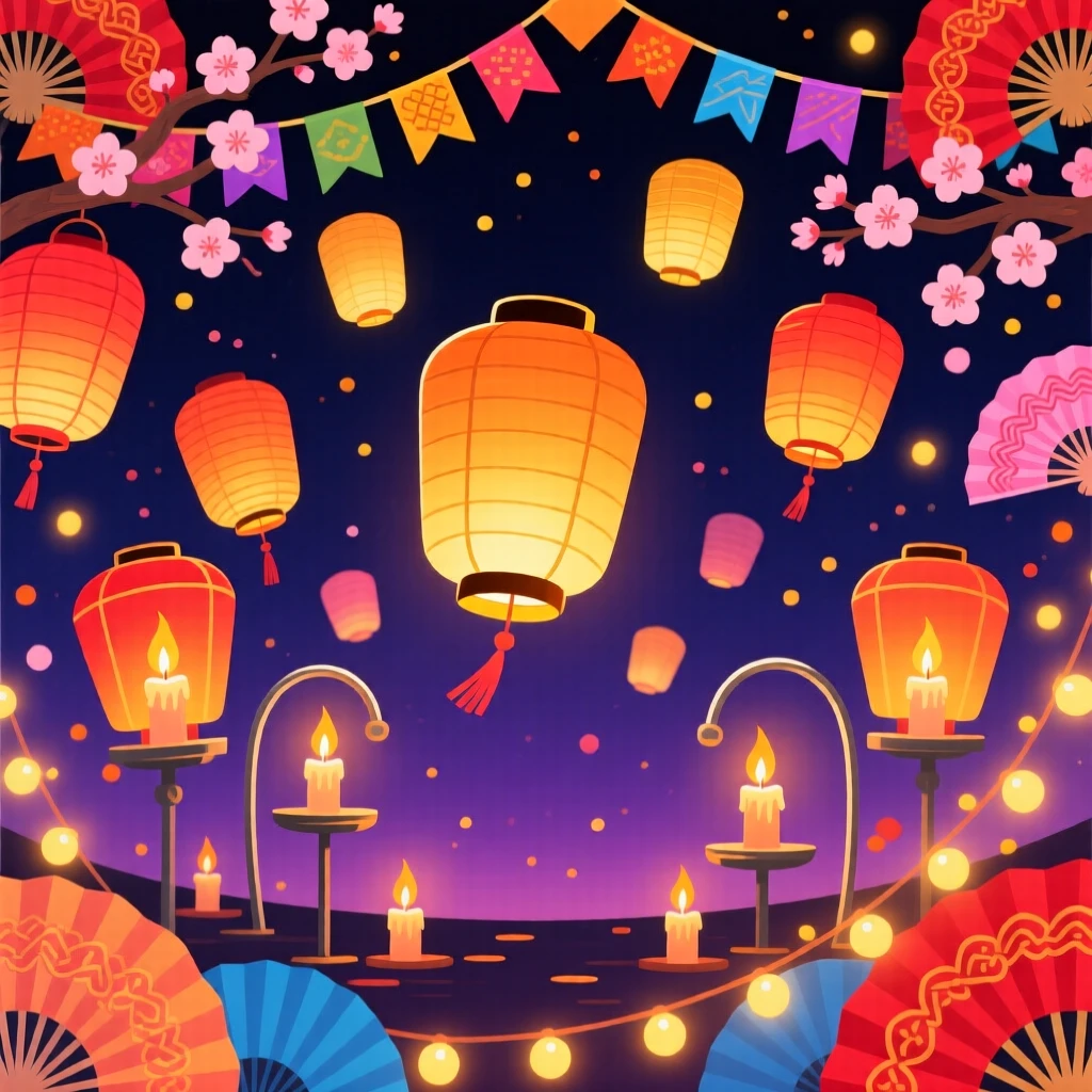 A colorful lantern festival celebration lighting up a night sky, surrounded by joyful decorations and warm candlelight, framed with decorations arranged symmetrically for balance, with warm twinkling lights adding a magical sparkle.