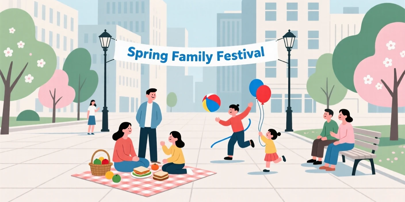 A spring scene of families gathering in a city square.
