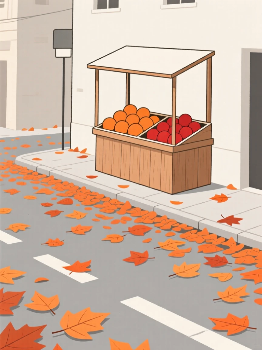 A carpet of fallen orange leaves covering a small town street as a wooden fruit stand appears in the distance, full of quiet transformation.