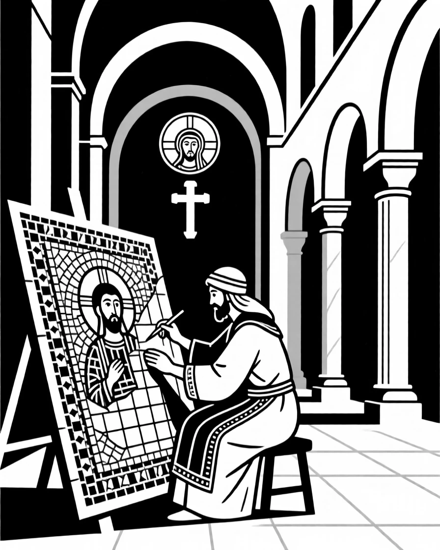 A Byzantine mosaic artist at work in a grand cathedral.