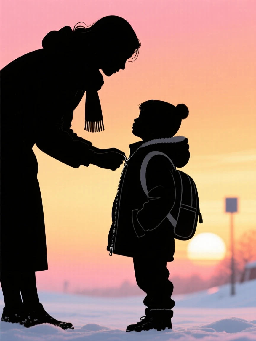 A mother zipping up her child's winter coat before school.