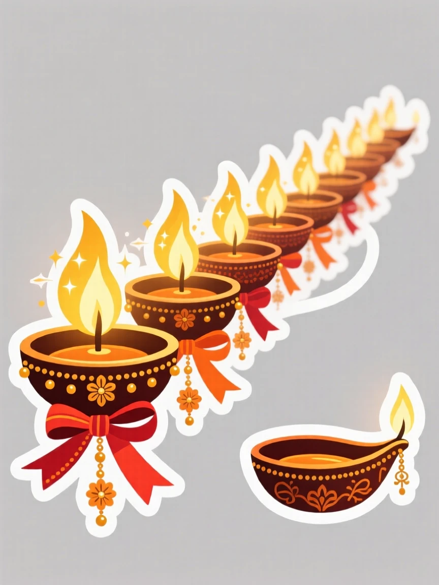 A sparkling and celebratory Diwali oil lamps arranged in a glowing row, decorated with ribbons and small ornaments, during a beloved yearly tradition.