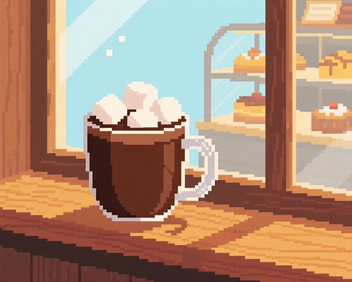A cup of hot cocoa with marshmallows placed on a windowsill to cool, in a cozy bakery display case.