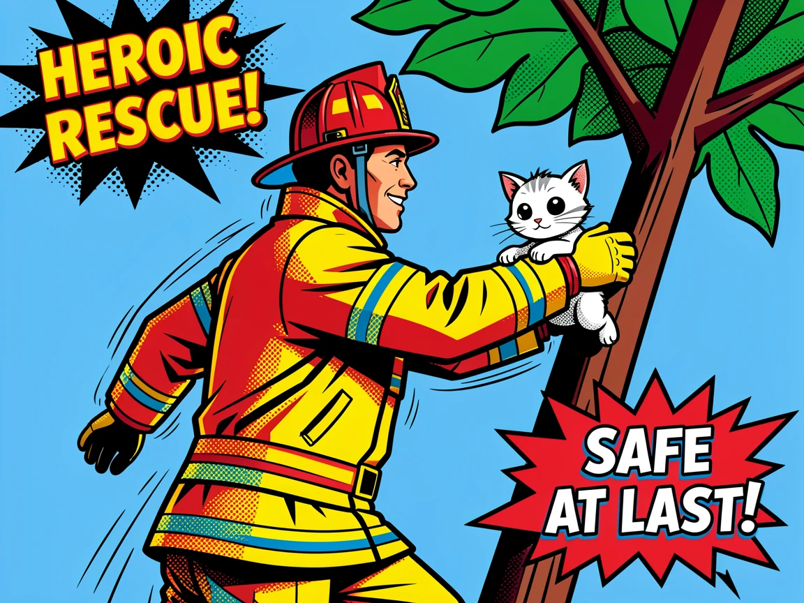 A firefighter rescuing a kitten from a tall tree