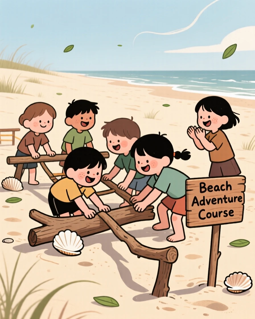 A small group of children build a obstacle course out of driftwood and shells in the sunny beach, laughing as the wind sends leaves scattering everywhere.