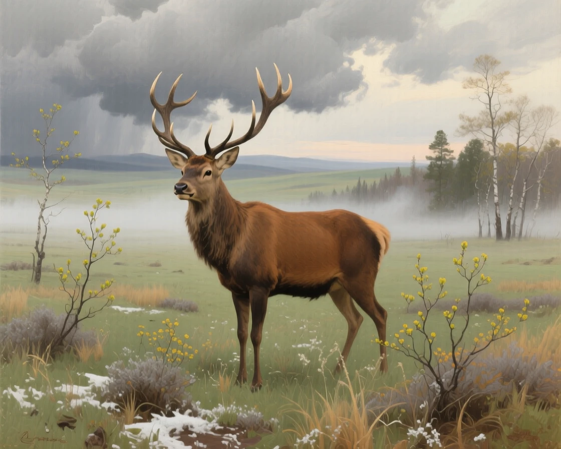 An expansive vista of a majestic stag standing alert in a misty forest clearing, in the Mongolian steppe, in early spring, beneath heavy grey storm clouds.
