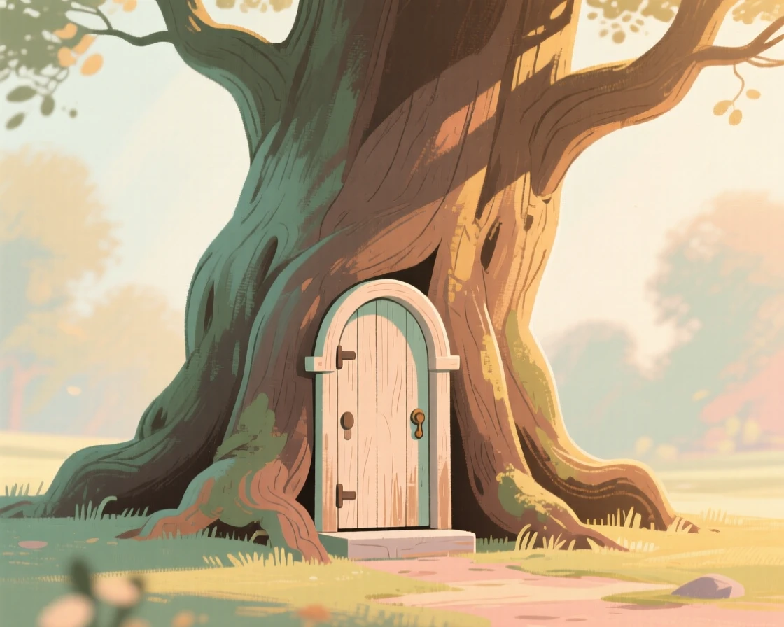 A tiny door built into the base of an ancient oak tree