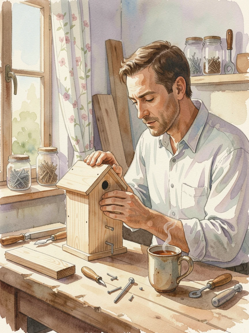 A man building a birdhouse in his workshop with a warm cup of tea nearby.