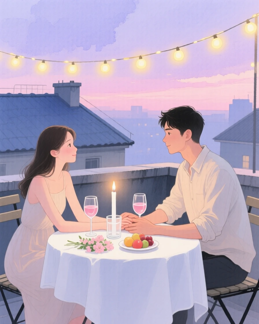 A tender moment of a candlelit rooftop dinner, as string lights glow softly overhead, capturing quiet affection between two people