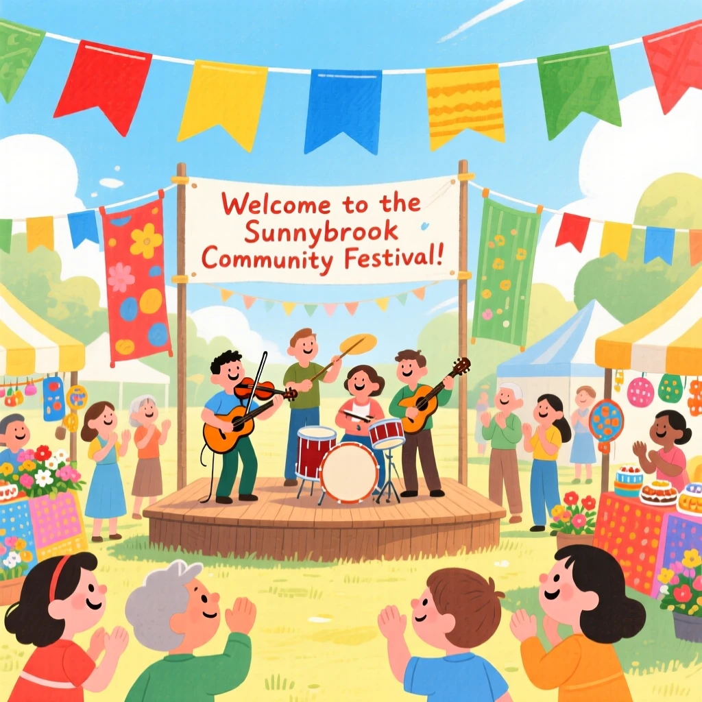 A community festival with music and colorful banners, full of warmth and laughter.