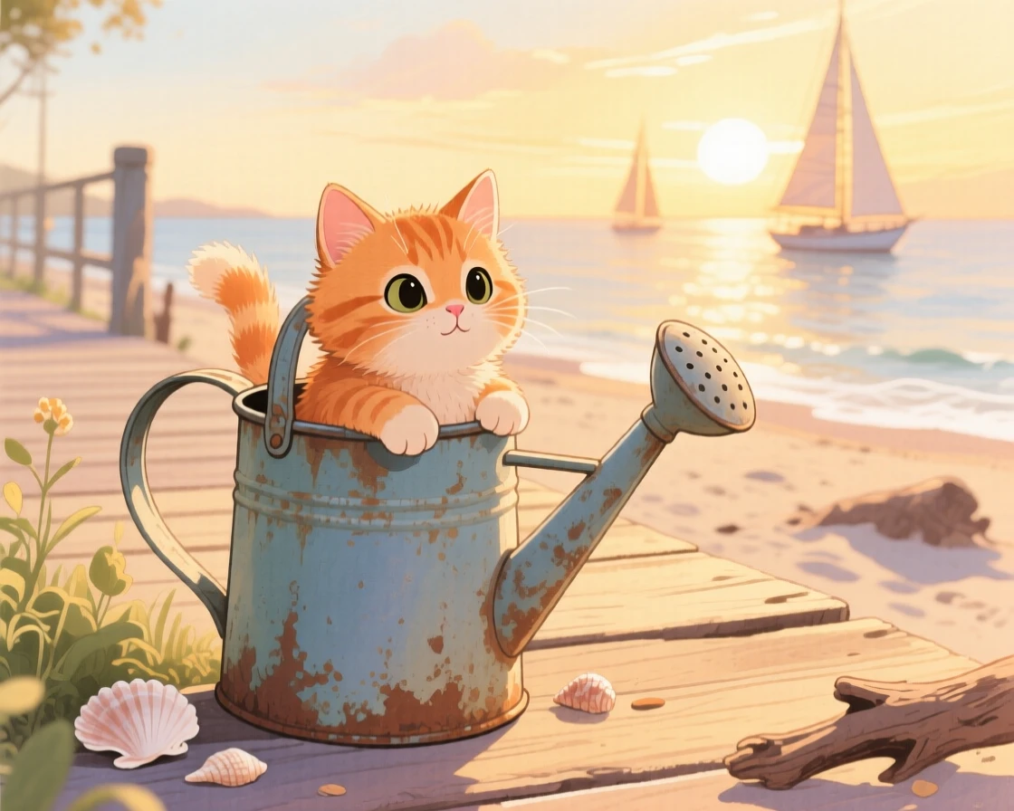 A fluffy orange kitten peeking out of a garden watering can, set in a seaside boardwalk at golden hour, sparking a feeling of tender nostalgia.