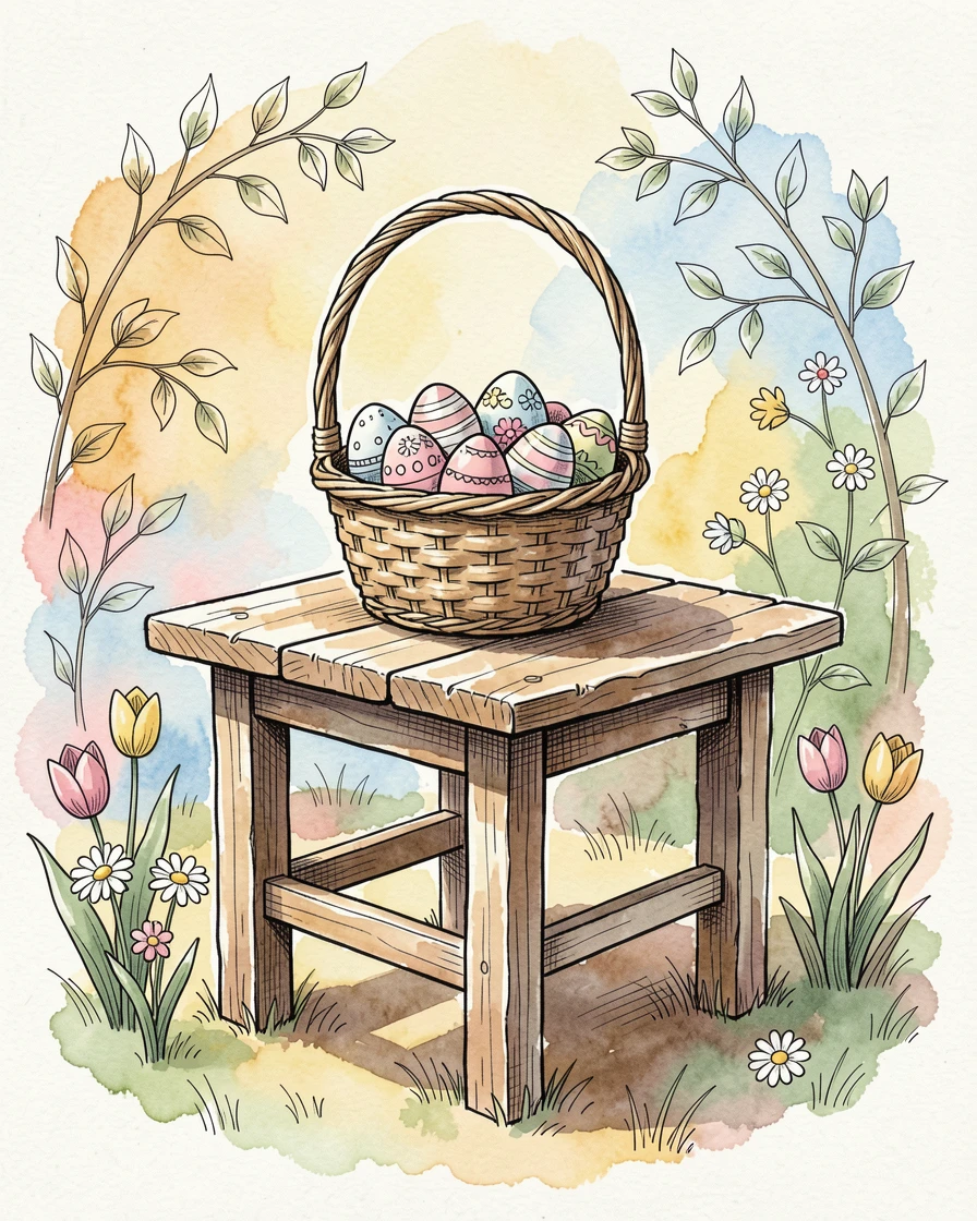 A quiet Easter morning with a basket of eggs on a garden table, a festive warmth filling the entire scene.