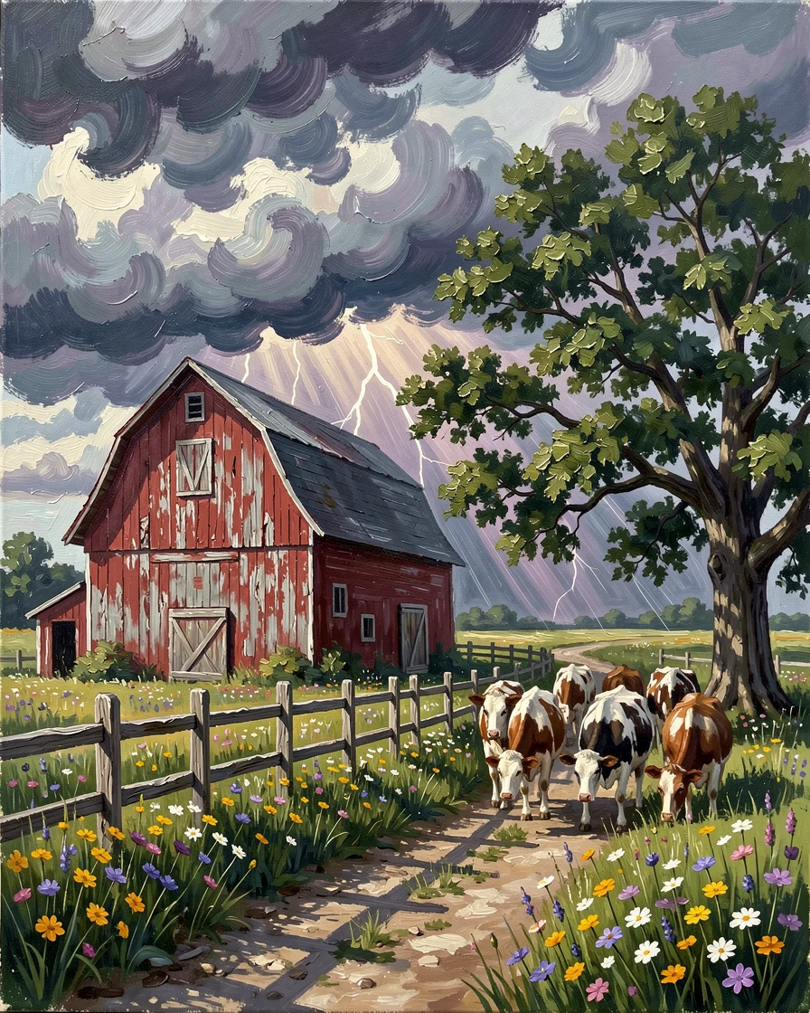 Under a dramatic summer thunderstorm approaching in the distance, an old red barn beside a weathered fence, beside a narrow dirt lane lined with wildflowers, cows grazing lazily beneath a spreading oak tree.