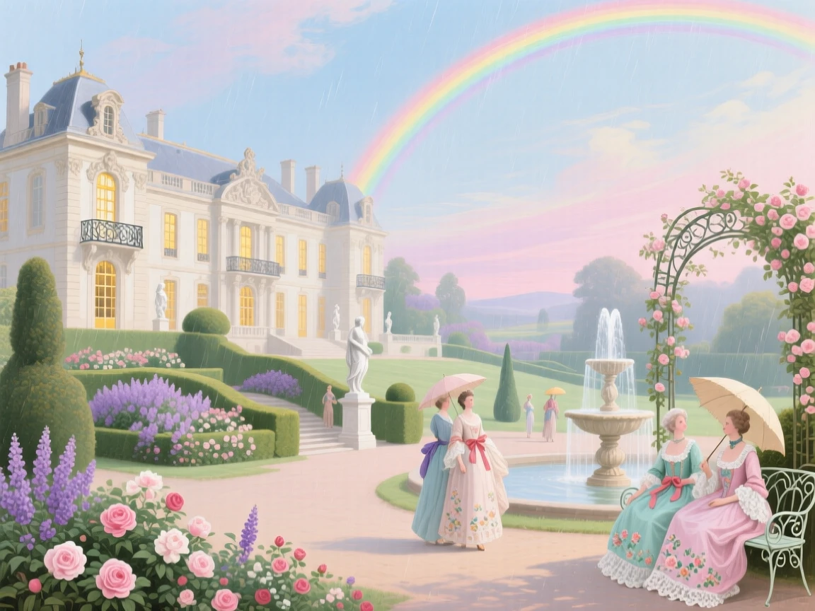 A sweeping view of a palace estate beneath a rainbow after rain  