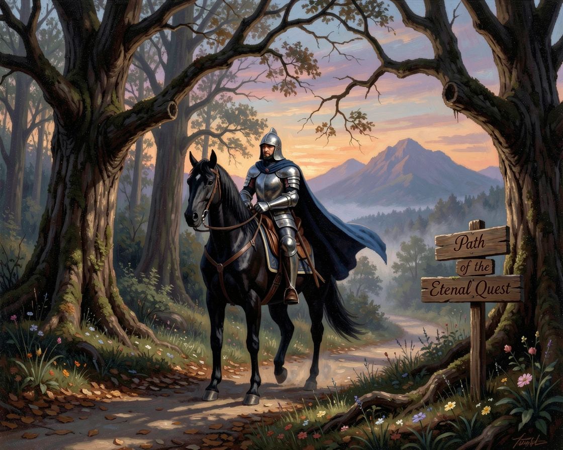 A knight rides alone along a shadowed forest trail.