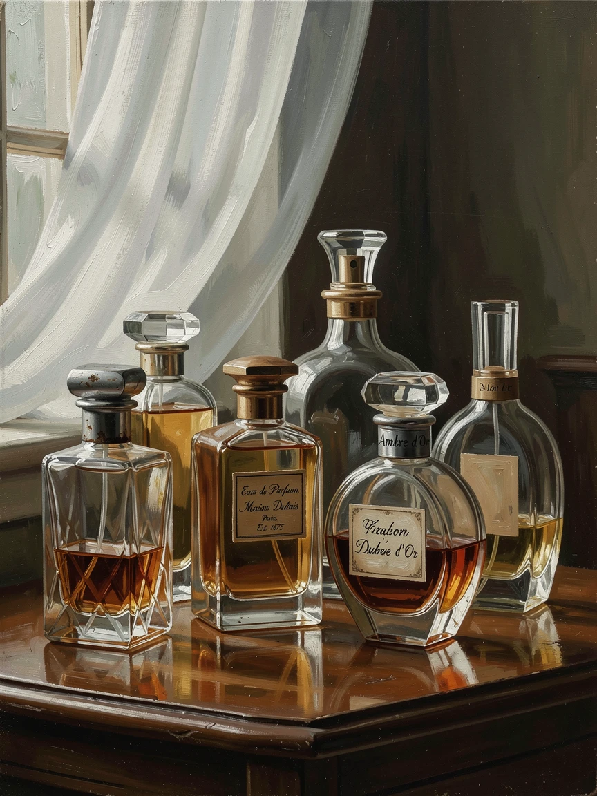 A collection of vintage perfume bottles catching soft window light, captured with meticulous attention to material and craftsmanship, designed as a sophisticated piece for upscale interior decor